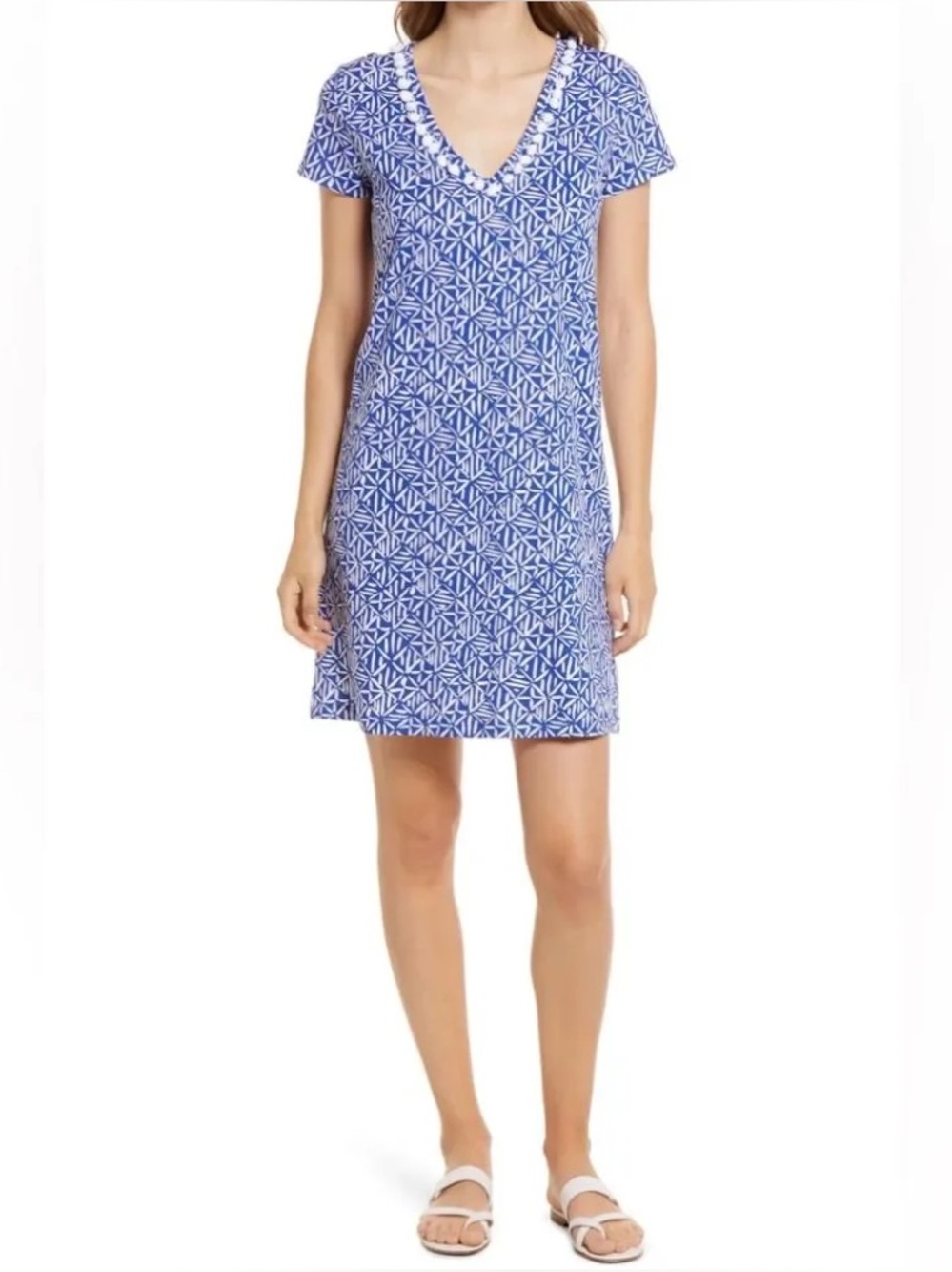 Lilly Pulitzer Blue White Print Pom Pom Trim T-Shirt Dress Size M